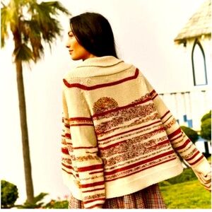 THE GREAT. Lodge Landscape Crochet cardigan sweater in Sunset cream/red